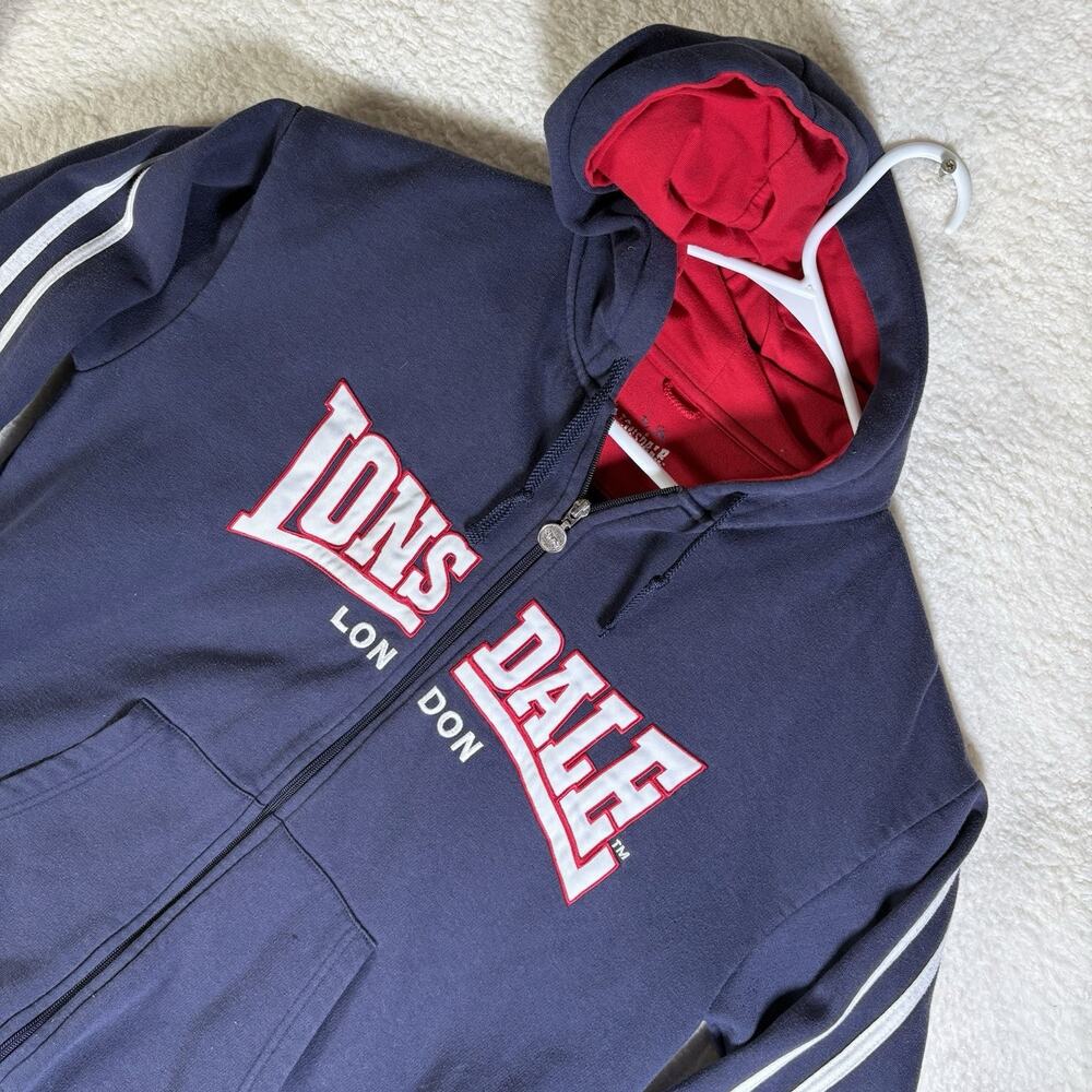 Lonsdale London Hoodie Sweatshirt Mens Large Blue Spellout Track Jacket Stripes
